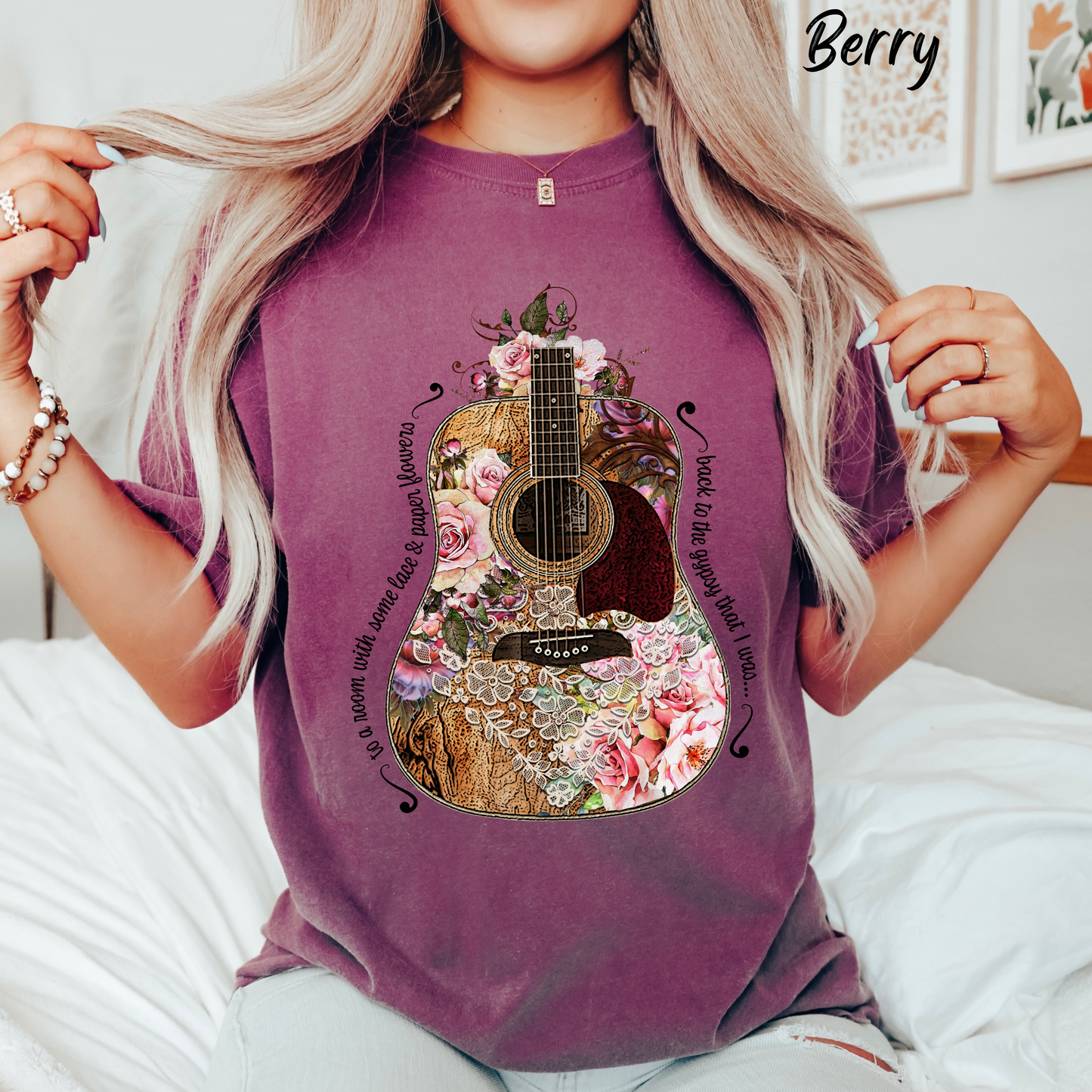 Gypsy T shirt Hippie Tee Floral Guitar 70's Classic Rock Tee  Birthday Gift Unisex Garment-Dyed Comfort Colors T-shirt